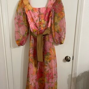 Vintage 1960’s Floral Pink and Orange Dress with Brown Belt
